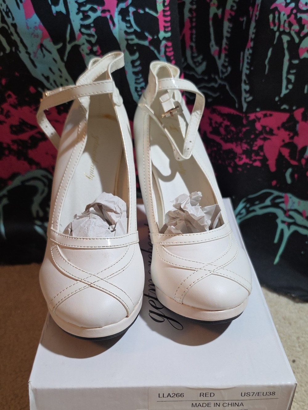 New White Ankle-Strap Round-Toe Heels with Decorative Stitching